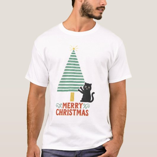 Niedlich Black Cat Frohe Weihnachtsbaum Urlaub T-Shirt (Vorderseite)