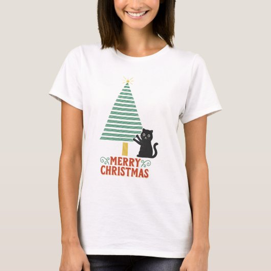 Niedlich Black Cat Frohe Weihnachtsbaum Urlaub T-Shirt (Vorderseite)