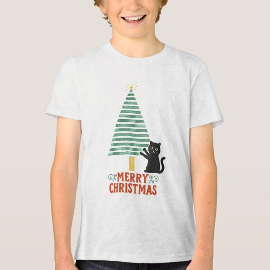 Niedlich Black Cat Frohe Weihnachtsbaum Urlaub Tri-Blend Shirt (Vorderseite)