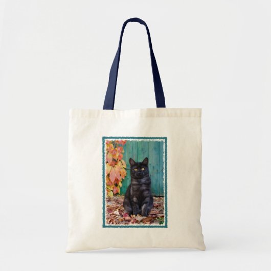 Niedlich Black Cat Funny Kitten Red Blätter Blue D Tragetasche (Vorne)