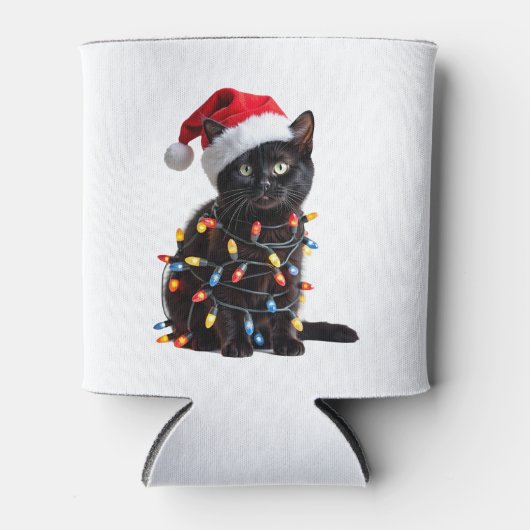 Niedlich Black Cat Santa Christmas Lights Meow Kit Dosenkühler (Vorderseite)