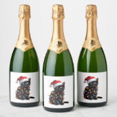 Niedlich Black Cat Santa Christmas Lights Meow Kit Schaumweinetikett (Flaschen)