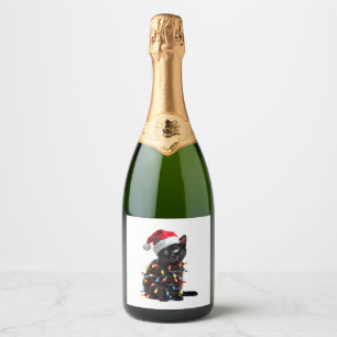 Niedlich Black Cat Santa Christmas Lights Meow Kit Schaumweinetikett