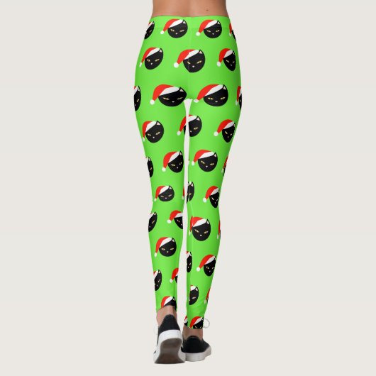 Niedlich Black Cat Santa Pattern Lime Green Weihna Leggings (Rückseite)