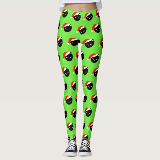 Niedlich Black Cat Santa Pattern Lime Green Weihna Leggings (Vorderseite)