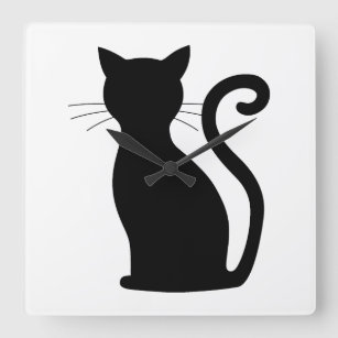 Niedlich Black Cat Silhouette Spaß Schwarz und Wei Quadratische Wanduhr