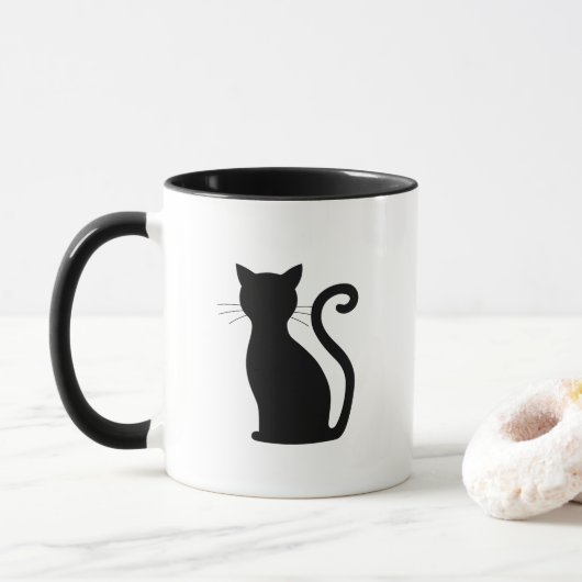 Niedlich Black Cat Silhouette Spaß Schwarz und Wei Tasse (Mit Donut)