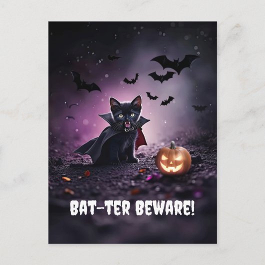 Niedlich Black Cat Vampire Halloween Feiertagspostkarte (Vorderseite)