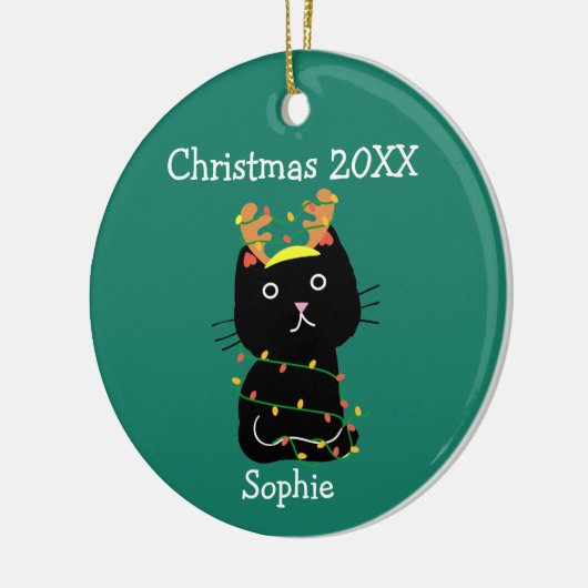 Niedlich Black Cat Weihnachten Gezeichnet Monogram Keramik Ornament (Links)