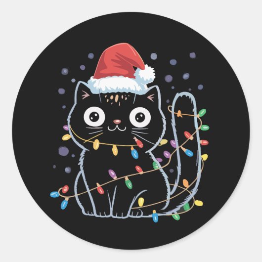 Niedlich Black Cat Weihnachtslicht Meow Kitty Runder Aufkleber (Vorderseite)