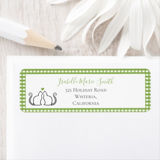 Niedlich Black Cats Green Heart Gingham Border Whi (Insitu)