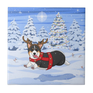Niedlich Black Corgi Weihnachts-Rentierkostüm Fliese