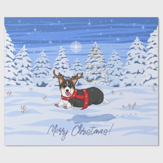 Niedlich Black Corgi Weihnachts-Rentierkostüm Geschenkpapier (Flach)