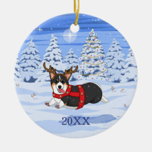 Niedlich Black Corgi Weihnachts-Rentierkostüm Keramik Ornament