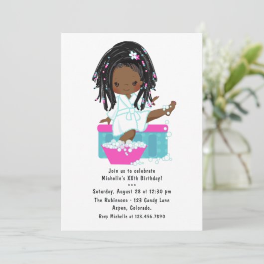 Niedlich Black Girl Wellness-Center Sleepover Gebu Einladung (Stehend Vorderseite)