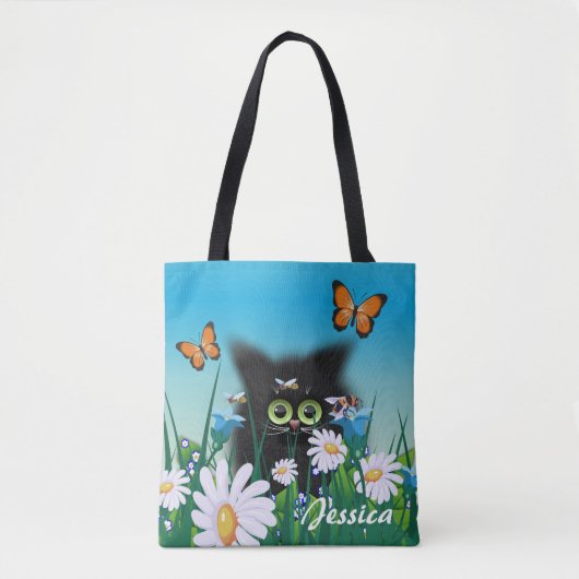 Niedlich Black Kitten and Daisis Art Personalisier Tasche (Vorderseite)