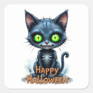 Niedlich Black Kitten Halloween Whimsical Cat Love Quadratischer Aufkleber