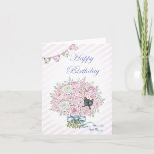 Niedlich Black Kitten in Pink Bouquet Hübsch Gebur Karte