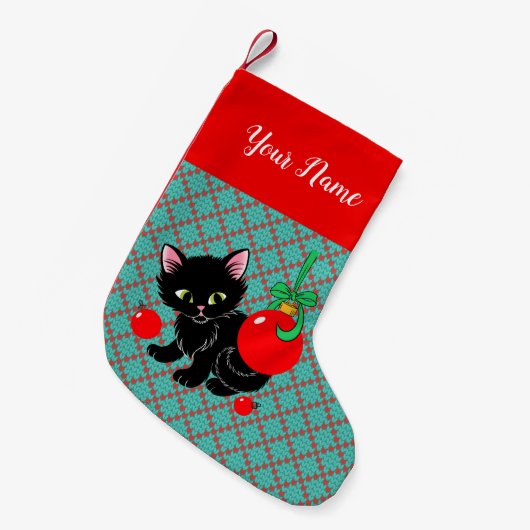 Niedlich Black Kitten Personalisiert Kleiner Weihnachtsstrumpf (Vorderansicht (hängend))
