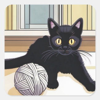 Niedlich Black Kitten Quadratischer Aufkleber