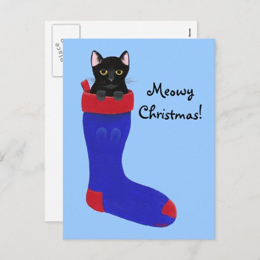 Niedlich Black Kitten Weihnachten Strumpf Postkart (Vorne/Hinten)