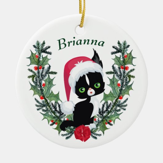 Niedlich Black Kitten Weihnachtskranz Keramik Ornament (Vorne)