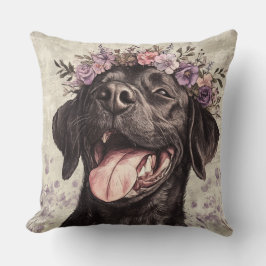 Niedlich Black Labrador Retriever Lila Floral Kissen