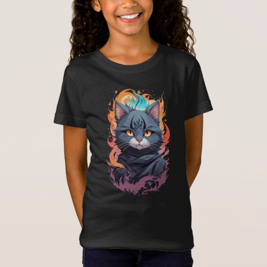 Niedlich Black Ninja Cat Warrior Design T-Shirt (Vorderseite)