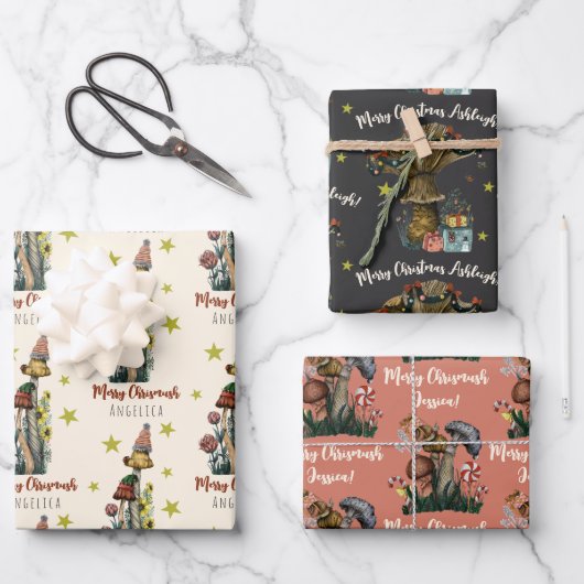 Niedlich Black Pink Mushroom Weihnachten Individue Geschenkpapier Set (Vorderseite)