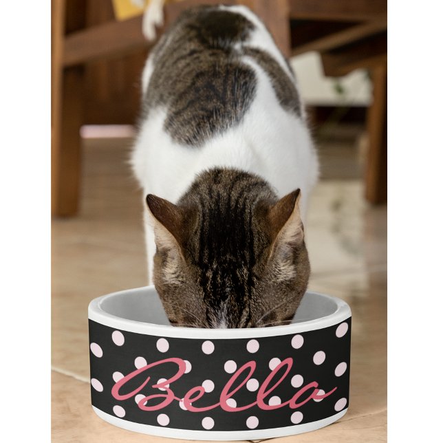 Niedlich Black Pink Polka Dosen Katzenkätzchen Pet Napf (Cute Black Pink Polka Dots Cat Kitty Pet Name Food Bowl)