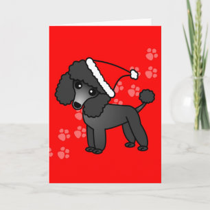 Niedlich Black Poodle Cartoon Weihnachtsmannmütze Feiertagskarte