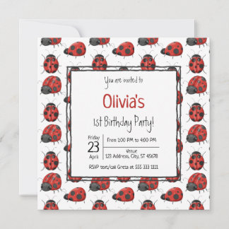 Niedlich Black Red Ladybug Muster 1. Geburtstag Pa Einladung