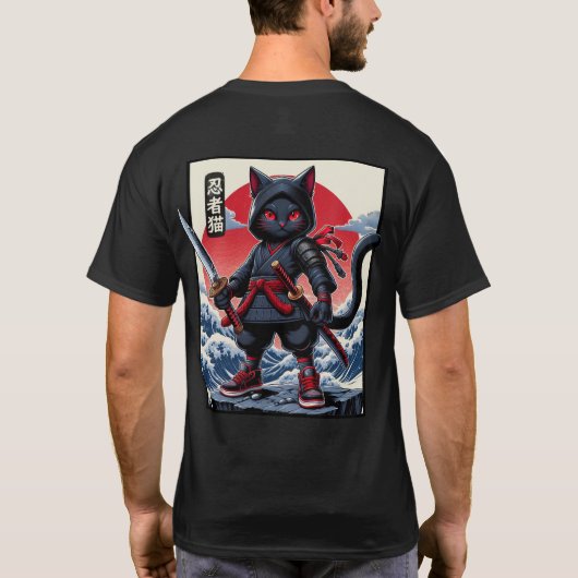 Niedlich Black Samurai Cat T-Shirt (Rückseite)