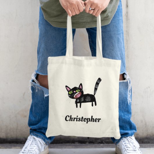 Niedlich Black Scruffy Cartoon Kitten Cat Tragetasche