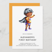 Niedlich Black Superhero 1. Geburtstag Party Einladung (Vorne/Hinten)