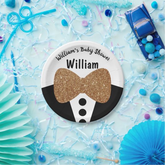 Niedlich Black Tuxedo Gold Glitzer Bow Krawatte Ba Pappteller (Party)