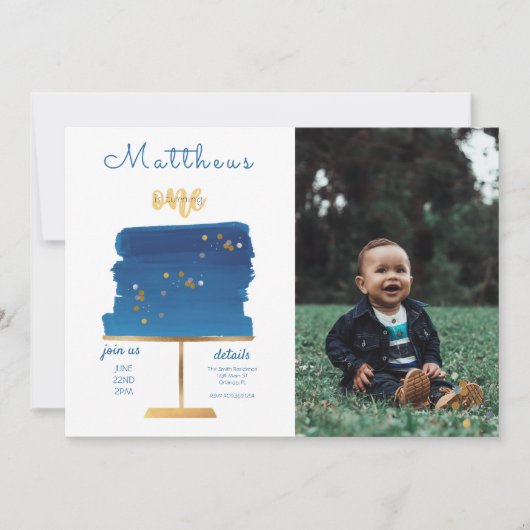 Niedlich Blau, Silber und Gold | Foto zum ersten G Einladung (Vorderseite)