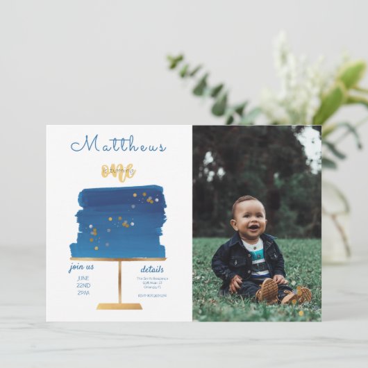 Niedlich Blau, Silber und Gold | Foto zum ersten G Einladung (Stehend Vorderseite)