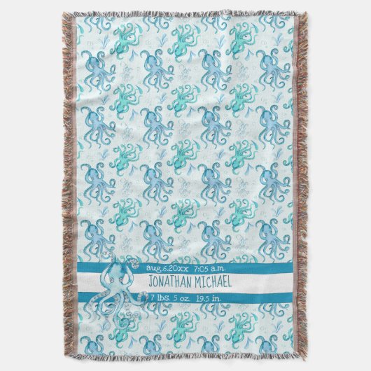 Niedlich Blau und Aquamarin Octopus Baby's Name Se Decke (Vorderseite Vertikal)