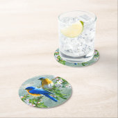 Niedlich Blaue Gelbe Vögel Kirsche Blossom Wasserf Runder Pappuntersetzer (Vor Ort)