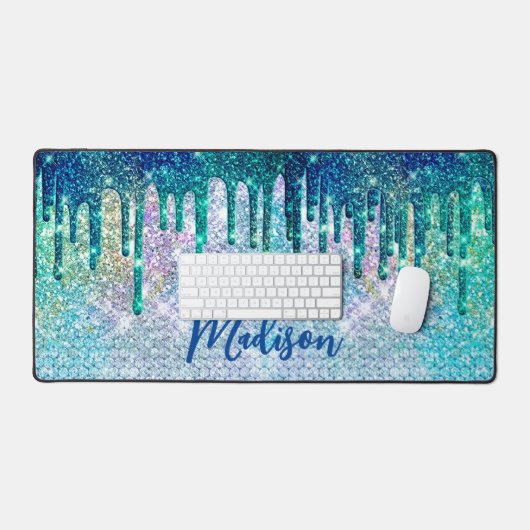 Niedlich-blaue Iridescent-Einhorn-Imitate Glitzer- Schreibtischunterlage (Tastatur & Maus)