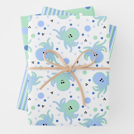 Niedlich-blaue und grüne Kraken, Streifen, Polka-D Geschenkpapier Set (Beispiel)
