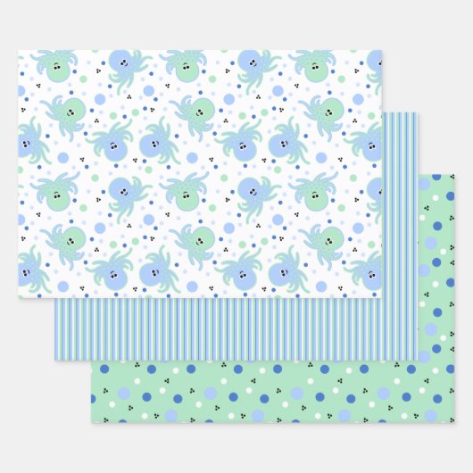 Niedlich-blaue und grüne Kraken, Streifen, Polka-D Geschenkpapier Set (Set)