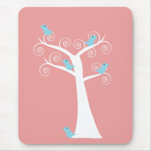 Niedlich Blaue Vögel Weißer Birkenbaum Rosa Mousepad