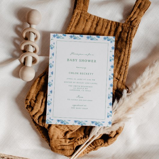 Niedlich Blauer Blumenmuster Kinderdusche Einladun Einladung