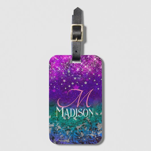 Niedlich-blauer lila Glitzer Monogramm Gepäckanhänger (Vorderseite Vertikal)