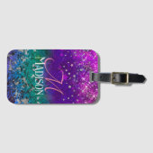 Niedlich-blauer lila Glitzer Monogramm Gepäckanhänger (Vorderseite (Horizontal))