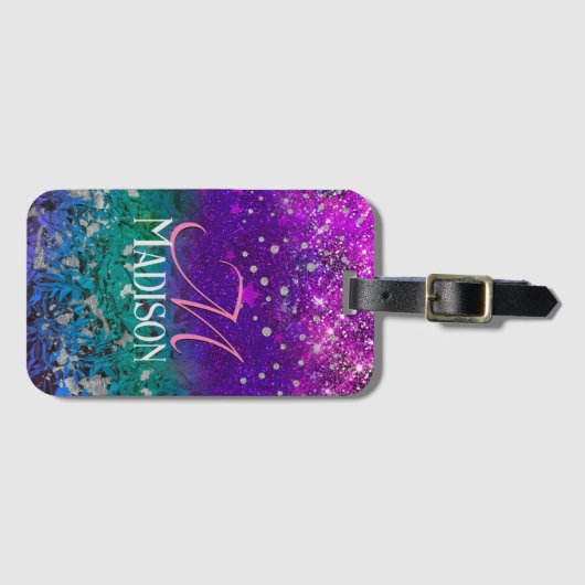Niedlich-blauer lila Glitzer Monogramm Gepäckanhänger (Vorderseite (Horizontal))