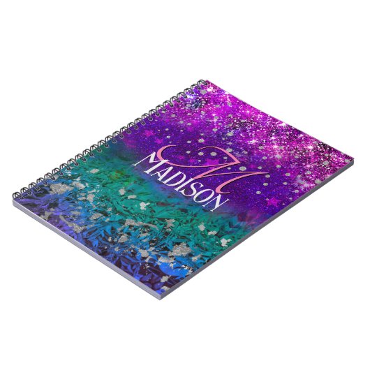 Niedlich-blauer lila Glitzer Monogramm Notizblock (Linke Seite)