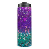 Niedlich-blauer lila Glitzer Monogramm Thermosbecher (Vorderseite)